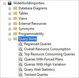 A screenshot of a portion of the Object Explorer menu of SQL Server Management Studio, showing the built-in Query Store reports.