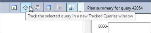 A screenshot of the Query Store menu, hovering on the “Track the selected query in a new Tracked Queries window” button.