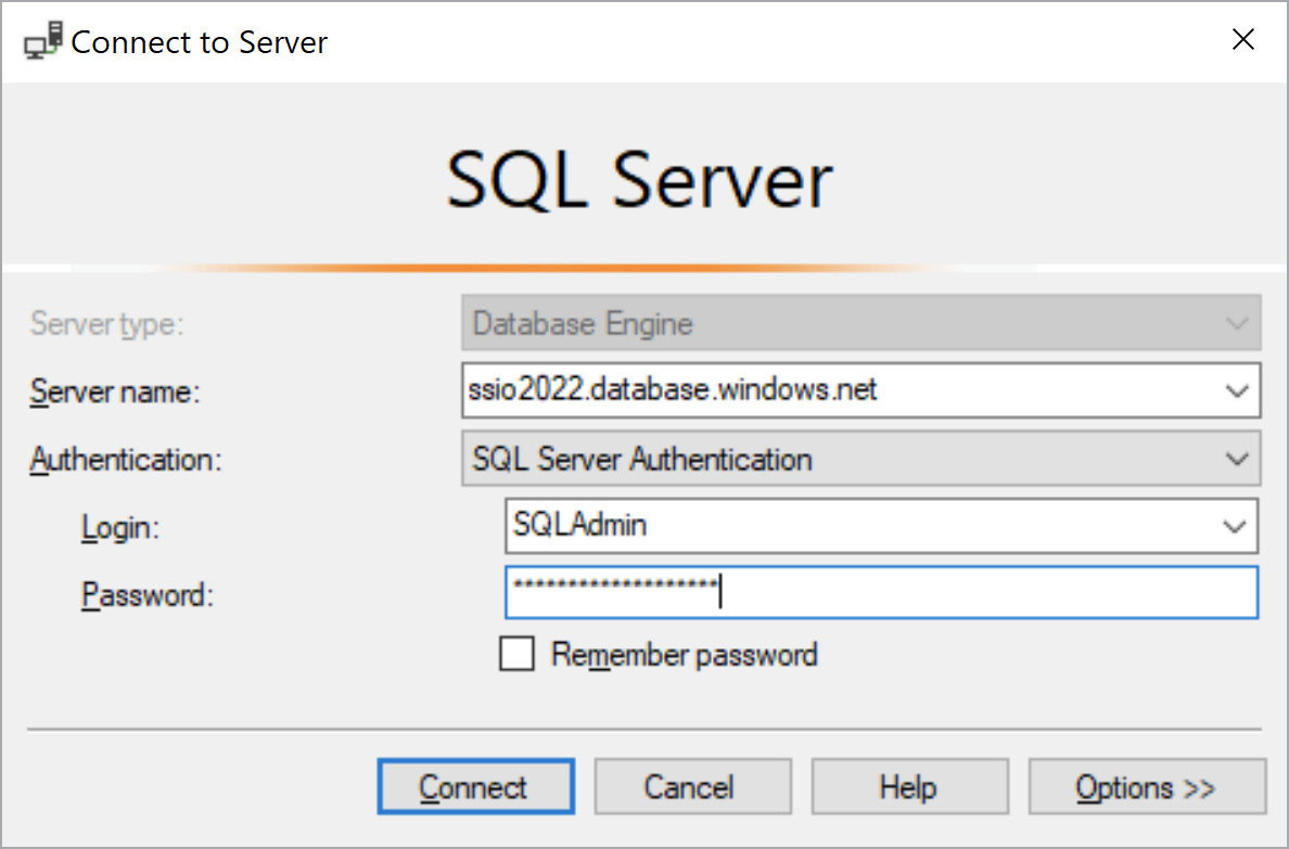 A screenshot of the Connect to Server dialog in SQL Server Management Studio 19. The server name shows ssio2022.database.windows.net. Authentication is set to SQL Server Authentication. Login shows SQLAdmin.