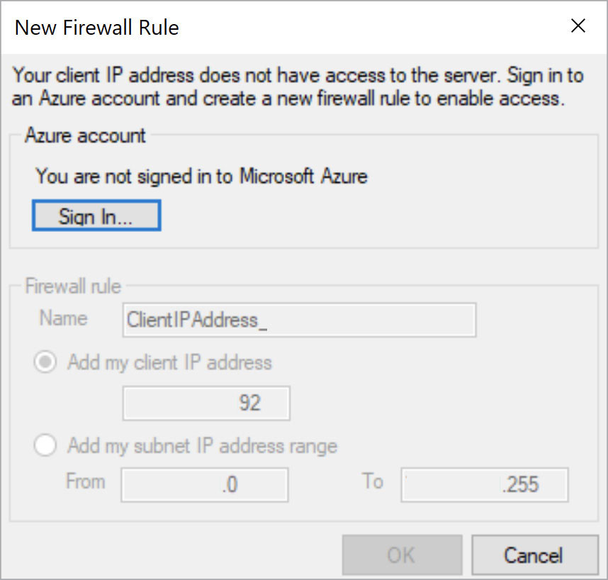 The New Firewall Rule dialog in SQL Server Management Studio 19. The dialog states “Your client IP address does not have access to the server. Sign in to an Azure account and create a new firewall rule to enable access.” There is a button labeled “Sign In…” that allows the user to sign into an Azure account.