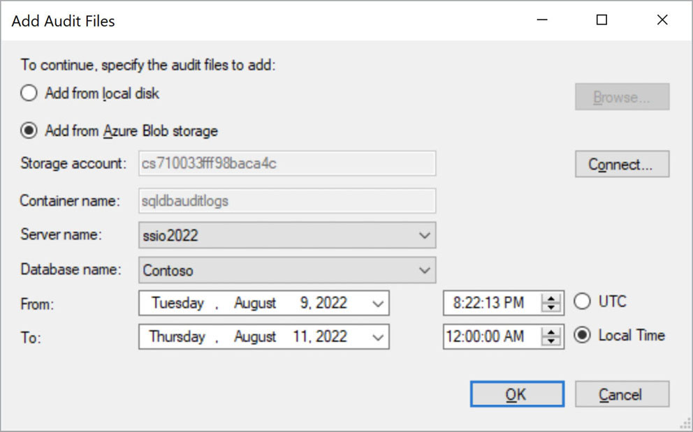 The Add Audit Files dialog from SQL Server Management Studio 19 shows the options to add audit files from the local disk or from Azure Blob Storage. The sqldbauditlogs account and container are selected. The server name is set to ssio2022, and the database name is set to Contoso. There are selectors to choose the From date and time and the To date and time.
