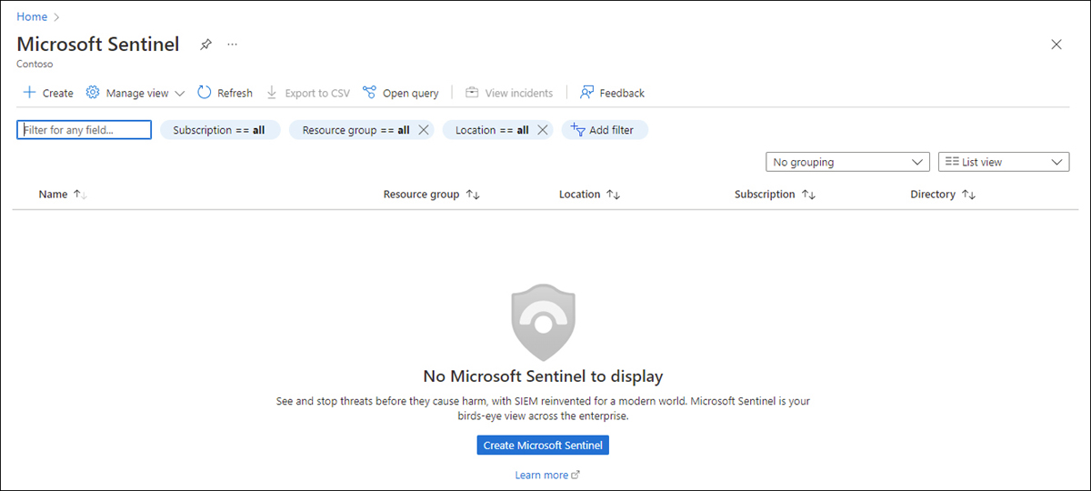 This is a screenshot of the page that appears when you open Microsoft Sentinel for the first time.