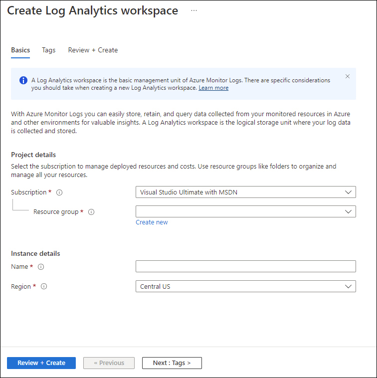 This is a screenshot showing the Create Log Analytics Workspace page. The Basics tab is selected, where you can set the Project Details and Instance Details.