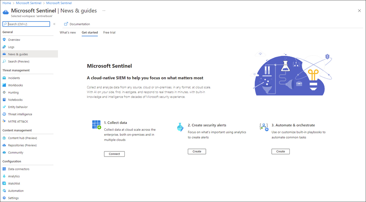 This is a screenshot showing the Microsoft Sentinel News & Guides page. Three steps are shown: Collect Data, Create Security Alerts, and Automate & Orchestrate.