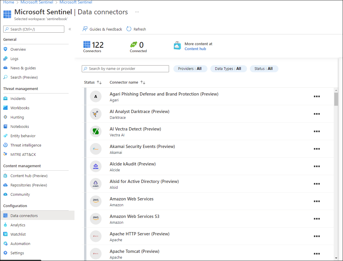 This is a screenshot showing the Data Connectors page in Microsoft Sentinel and the list of available connectors.