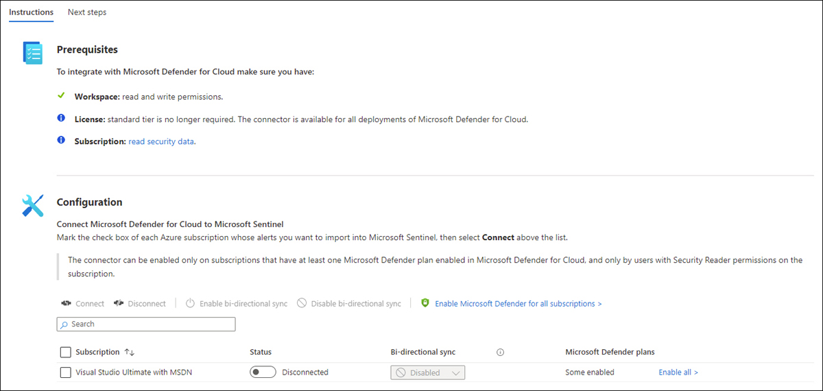 This is a screenshot of the Instructions tab, where you enable the Microsoft Defender for Cloud connector. The upper portion of the page shows the Prerequisites, while the lower section shows the Configuration details.