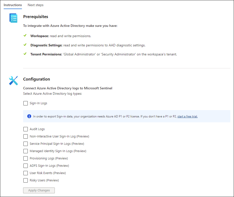 This is a screenshot showing the Azure Active Directory Connector instructions page with the available configuration options.