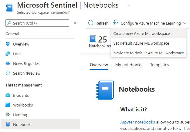 This is a screenshot of the Notebooks page, whereCreate New Azure ML Workspace has been selected.