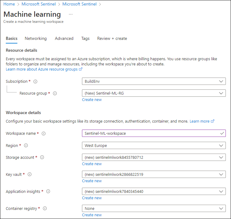 This is a screenshot of the Create A Machine Learning Workspace wizard with values for the subscription, resource group, workspace name, region, storage account, Key Vault, application insights and container registry.