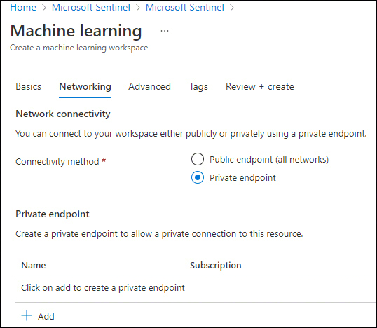 This is a screenshot of the Networking tab in the Create A Machine Learning Workspace wizard. From here, you can set the Connectivity Method to either Public Endpoint (All Networks) or Private Endpoint.