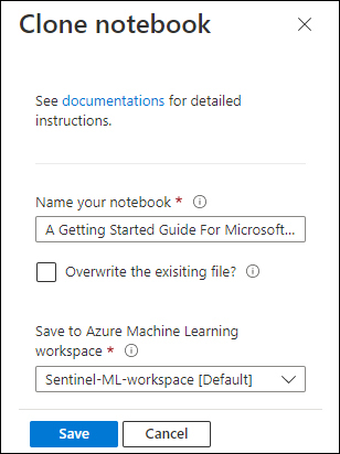 This is a screenshot that shows the option to rename the cloned Notebook and select the AML workspace in which the cloned Notebook will be saved. Clicking Save allows you to clone and save the Notebook.