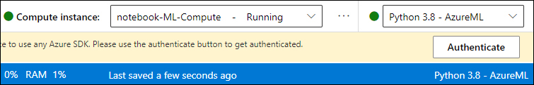 This is a screenshot showing an Authenticate button to authenticate your compute in order to use any Azure SDK. 