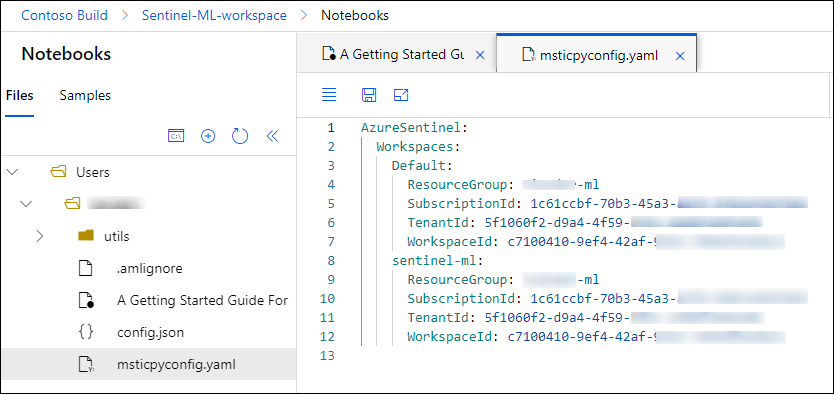 This is a screenshot of the contents of the msticpyconfig.yaml file, which was automatically populated by running the configuration step in the “Getting Started with Azure ML Notebooks” cell. The file contains resourcegroup, subscription, tenant, and workspace identifiers.