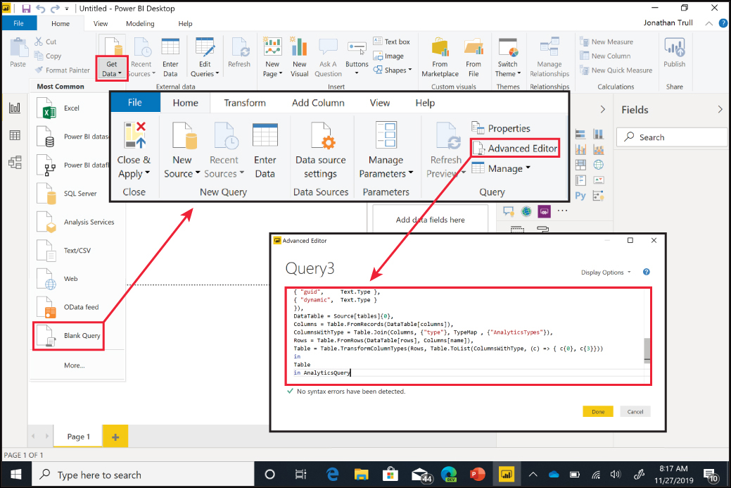 This is a screenshot that shows the Power BI Advanced Editor. The steps for accessing the Sentinel data and creating the dashboard are shown.