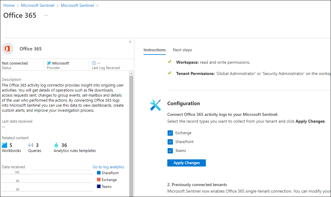 This is a screenshot of the Office 365 data connector configuration screen, showing the checkboxes to enable Exchange, SharePoint, and Teams data ingestion.