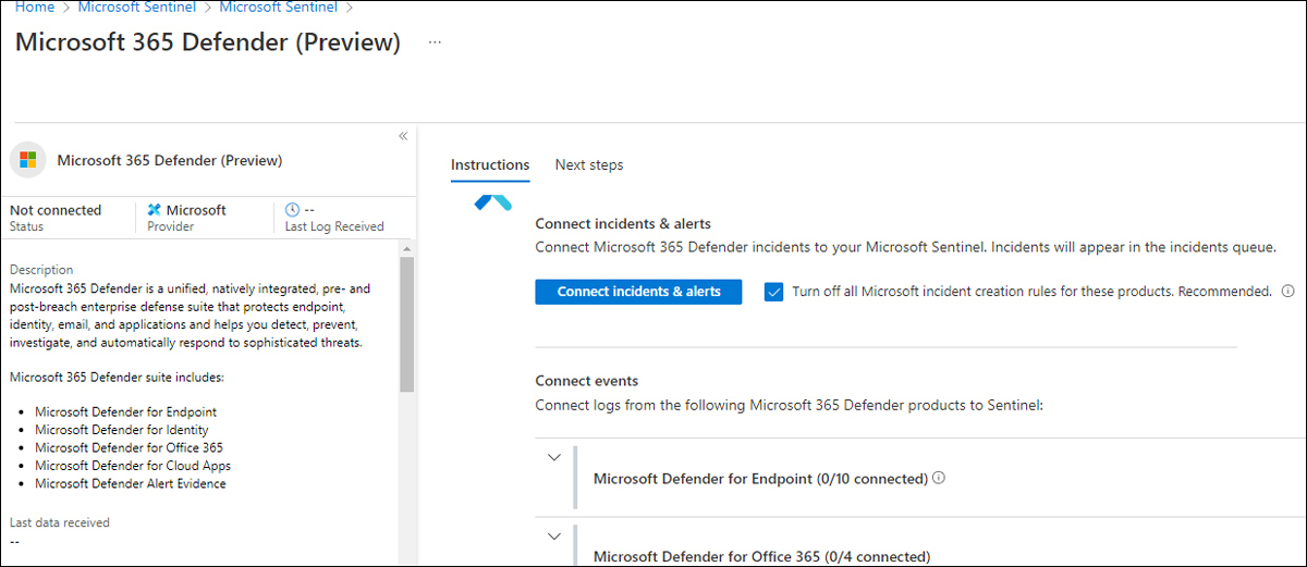 This is a screenshot of the new Microsoft 365 Defender connector, which allows you to connect incidents and alerts for Defender with a single click. Additional data collection settings can also be configured.