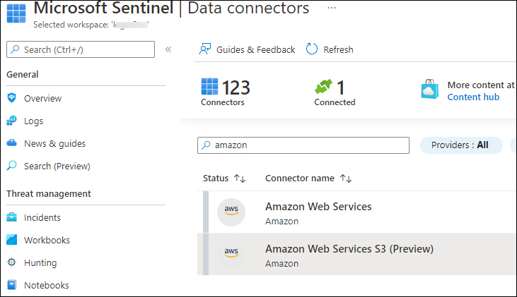 This is a screenshot of the Amazon Web Services connector, showing two connectors—the Amazon Web Services connector and the new connector, the Amazon Web Services S3 connector (in preview).