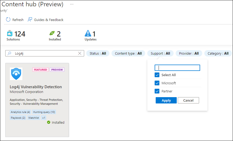 This is a screenshot of the Content Hub, showing the Support filters, indicating which providers support the solution. Both Microsoft and Partner are selected.