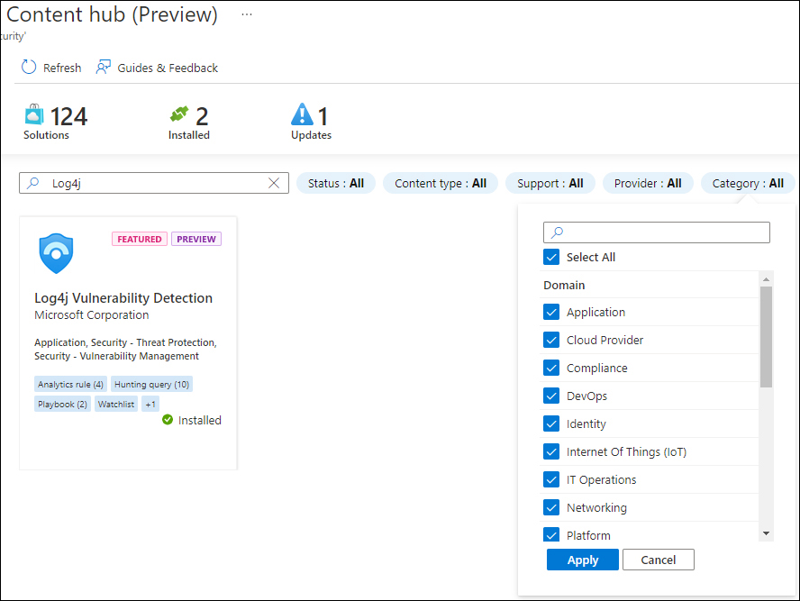 This is a screenshot of the Content Hub, showing the Category filter to select a specific domain, such as Application, Cloud Provider, Compliance, DevOps, and more.