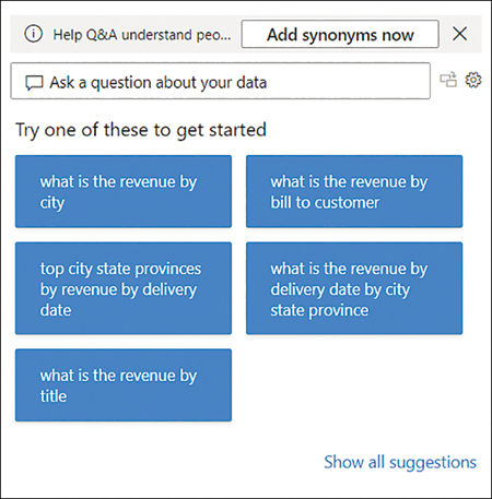 The Q&A visual shows a text box at the top with placeholder text: “Ask a question about your data.” Below, there are sample questions.