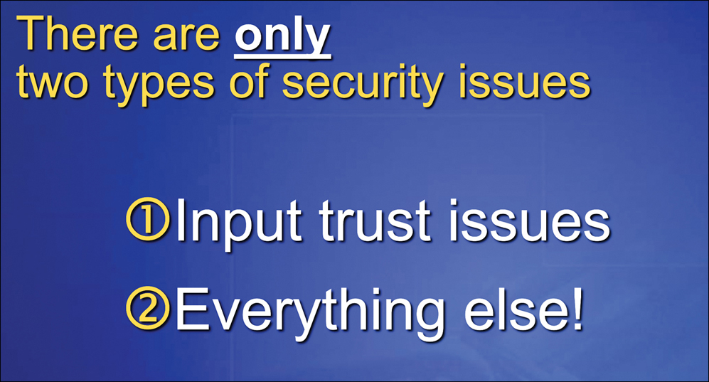 A PowerPoint slide that reads “There are only two types of security issues: (1) Input trust issues (2) Everything else!
