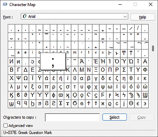 A screenshot of the Windows Character Map tool with the Greek question mark symbol highlighted. The Greek question mark looks like a semicolon.