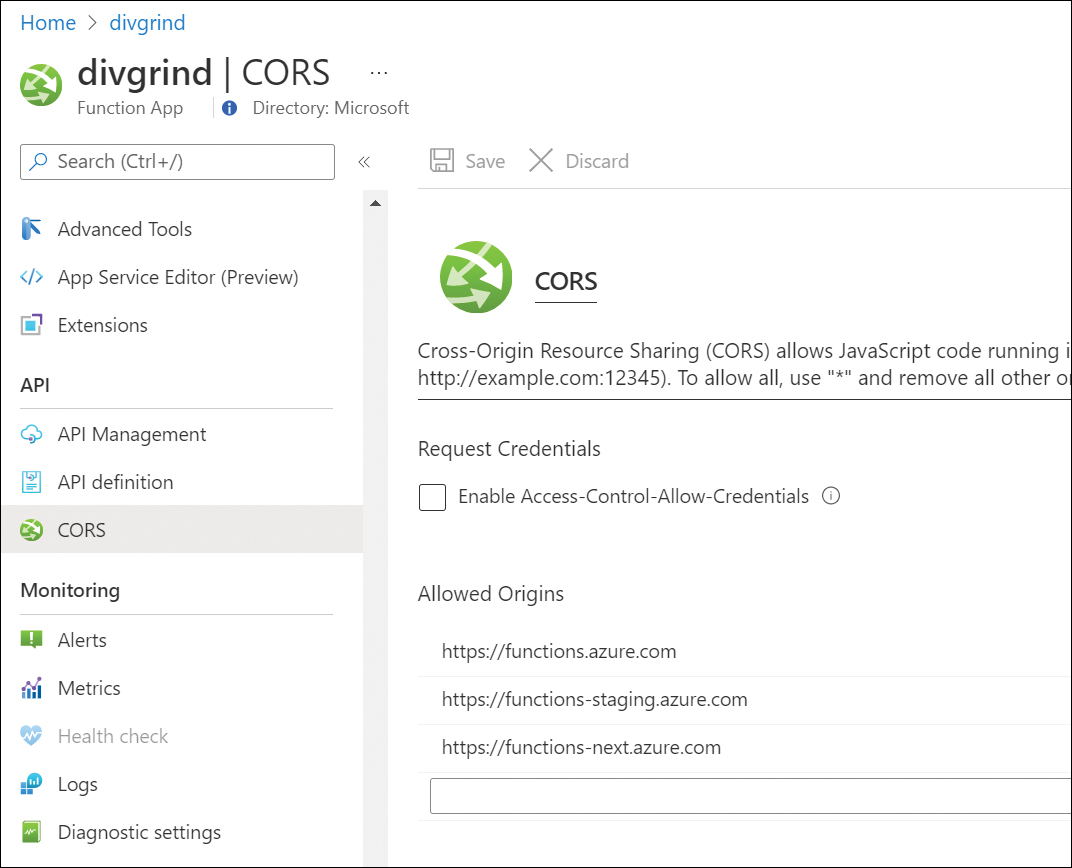 An Azure Portal screenshot showing how to set the cross-origin resource sharing option on a Function App.