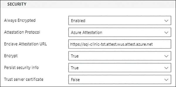 Part of a screenshot from Azure Data Studio that shows the security settings for a login to SQL Server. The options show that Always Encrypted is enabled; Microsoft Azure Attestation will be used using a specific enclave attestation URI. The other options, Encrypt (for TLS), Persist security info, and Trust server certificate, have no bearing on Always Encrypted.