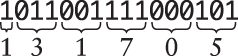 A diagram showing a conversion of a 16-bit number into the octal one-three-one-seven-zero-five.