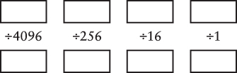 A template for converting decimal numbers less than 65,536 to hexadecimal. There are four boxes at the top. Each is shown divided by 4,096, 256, 16, and 1, and the results go in the boxes at the bottom. 