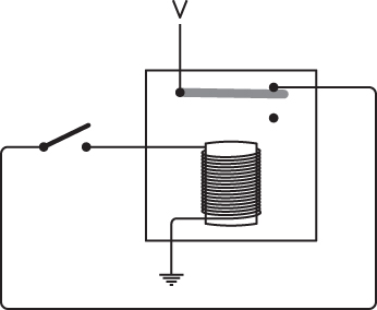 A relay with the output connected to its input shown with voltage and ground symbols.