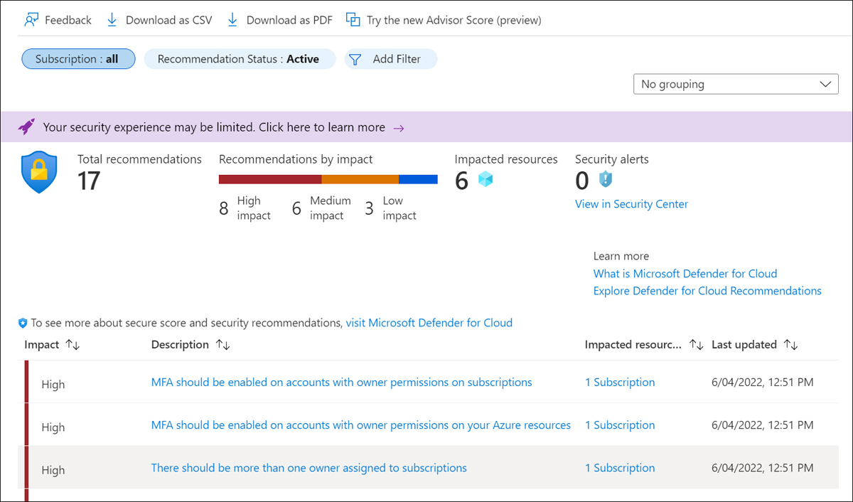 Advisor recommendations for security are shown in this figure. Three recommendations are shown in a table, including two for MFA and one suggesting I add another owner to my subscription.