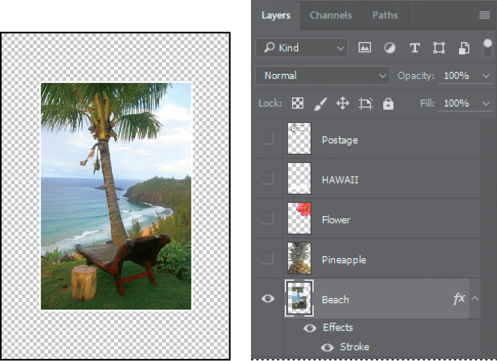 Lesson file and Layers panel after adding the border to the Beach layer