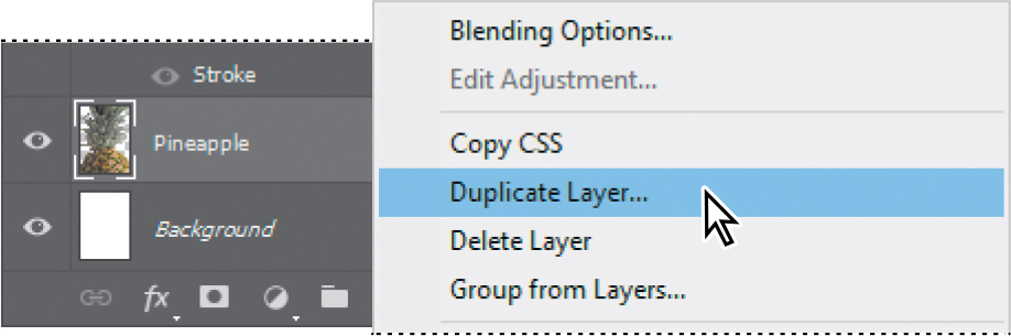 Choosing the Duplicate Layer command in the Layers panel menu for the Pineapple layer