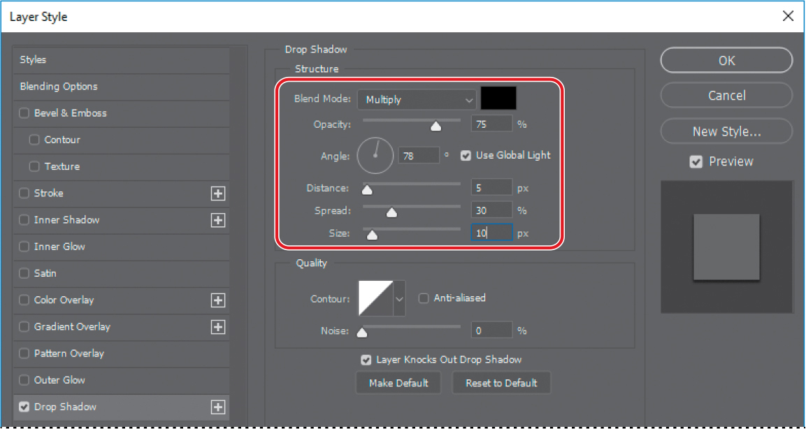 Setting up a Drop Shadow layer effect in the Layer Styles dialog box