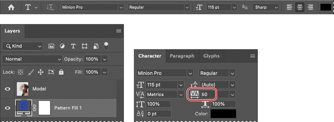 Options bar when the Horizontal Type tool is selected Layers panel with layer selected so that the next layer is created above it Character panel while adjusting tracking