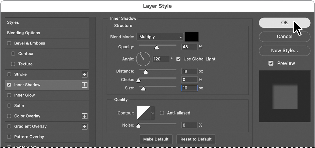 Setting up Inner Shadow in the Layer Style dialog box