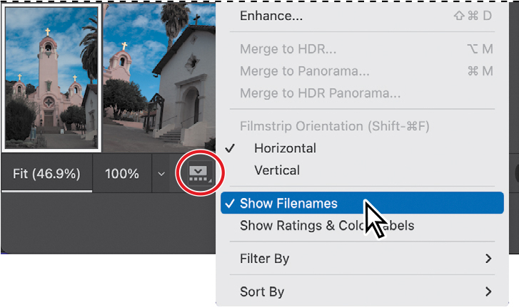 Filmstrip menu open with Show Filenames command selected