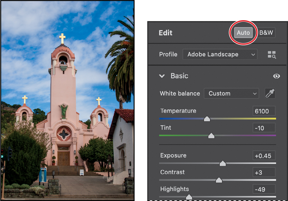 Mission church image after clicking Auto button Auto button in the Edit controls