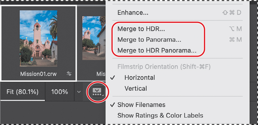 Merge to HDR and panorama commands on the Filmstrip menu