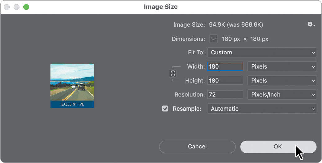 Recording an action step for image resizing