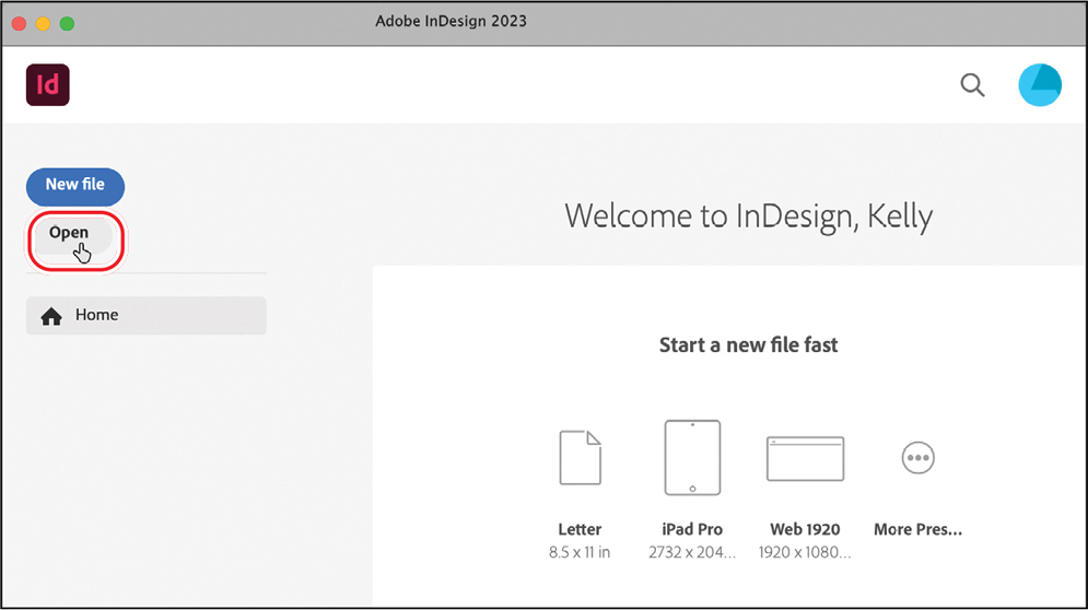 A screenshot represents the step of opening a new file in Adobe InDesign.