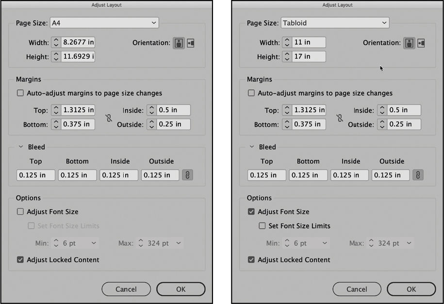 A figure shows the adjust layout dialog boxes.