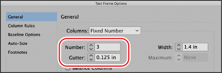A figure shows text frame options dialog box.