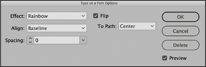 A figure shows dialog box of type on a path options.