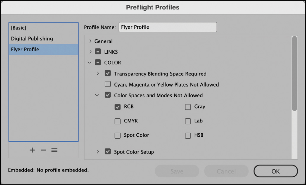 A figure shows dialog box of preflight profiles panel.