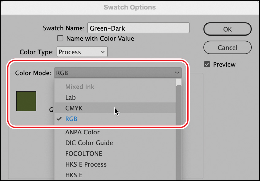 A figure shows dialog box of swatch options.