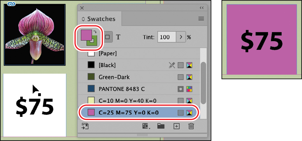 A figure shows applying fill colors to object in swatch panel.
