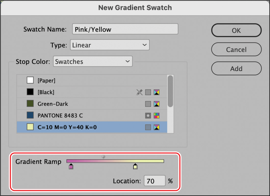 A figure shows dialog box of new gradient swatch