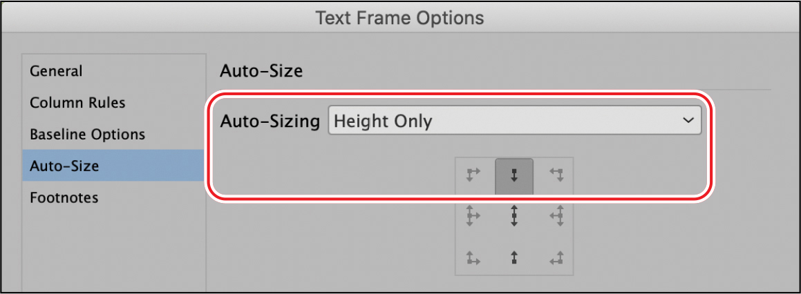 A figure shows dialog box of text frame options.